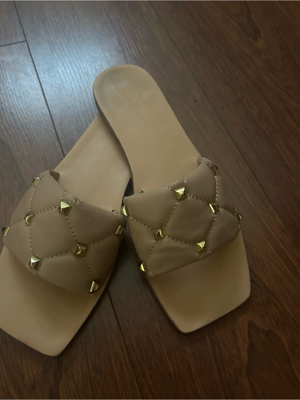 ShuShop Quilted Beige Slide Sandals with Gold Studs